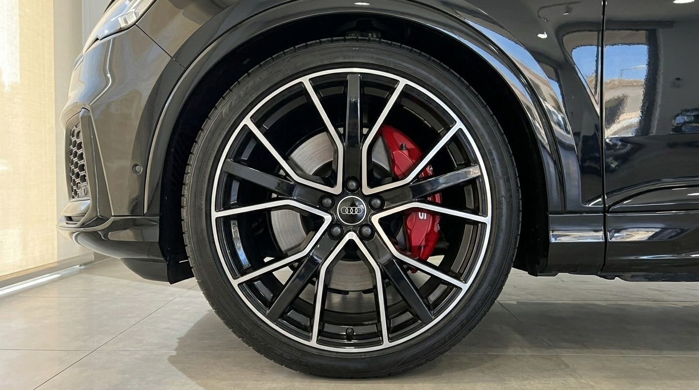 L'Audi SQ7 2021 noir brillant, présentant sa roue avant distinctive avec jantes noires et argentées et un étrier de frein rouge vif à Marbella.