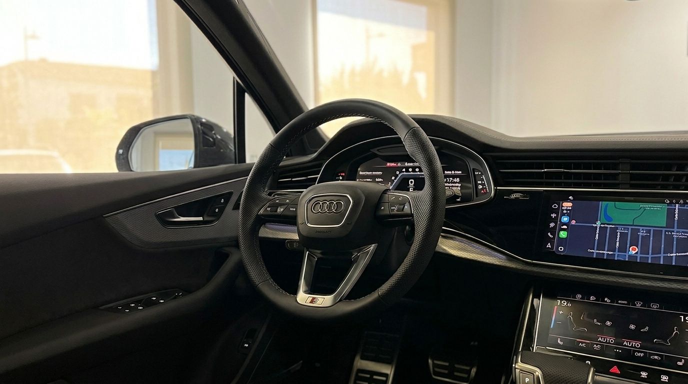 L'intérieur luxueux de l'Audi SQ7 à Marbella, avec le volant, le tableau de bord numérique et l'écran d'infodivertissement.