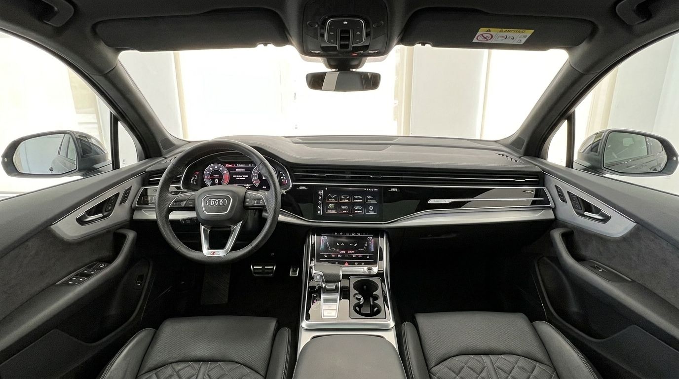 L'habitacle et le tableau de bord luxueux de l'Audi SQ7 2021, avec deux écrans et des sièges en cuir noir premium à Marbella.
