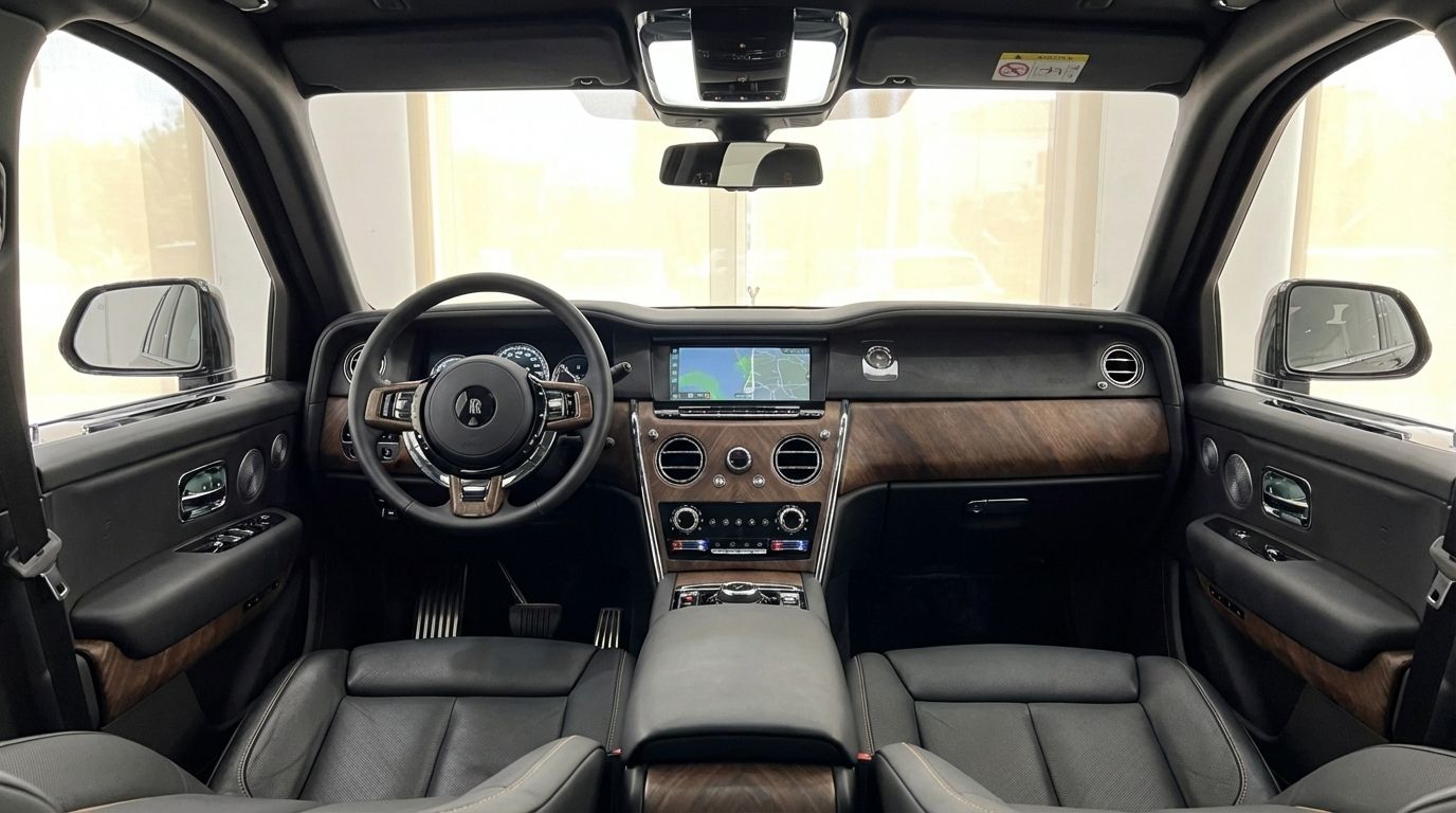 The luxurious interior of the Rolls-Royce Cullinan in Ibiza, featuring the dashboard, steering wheel, and front seats.