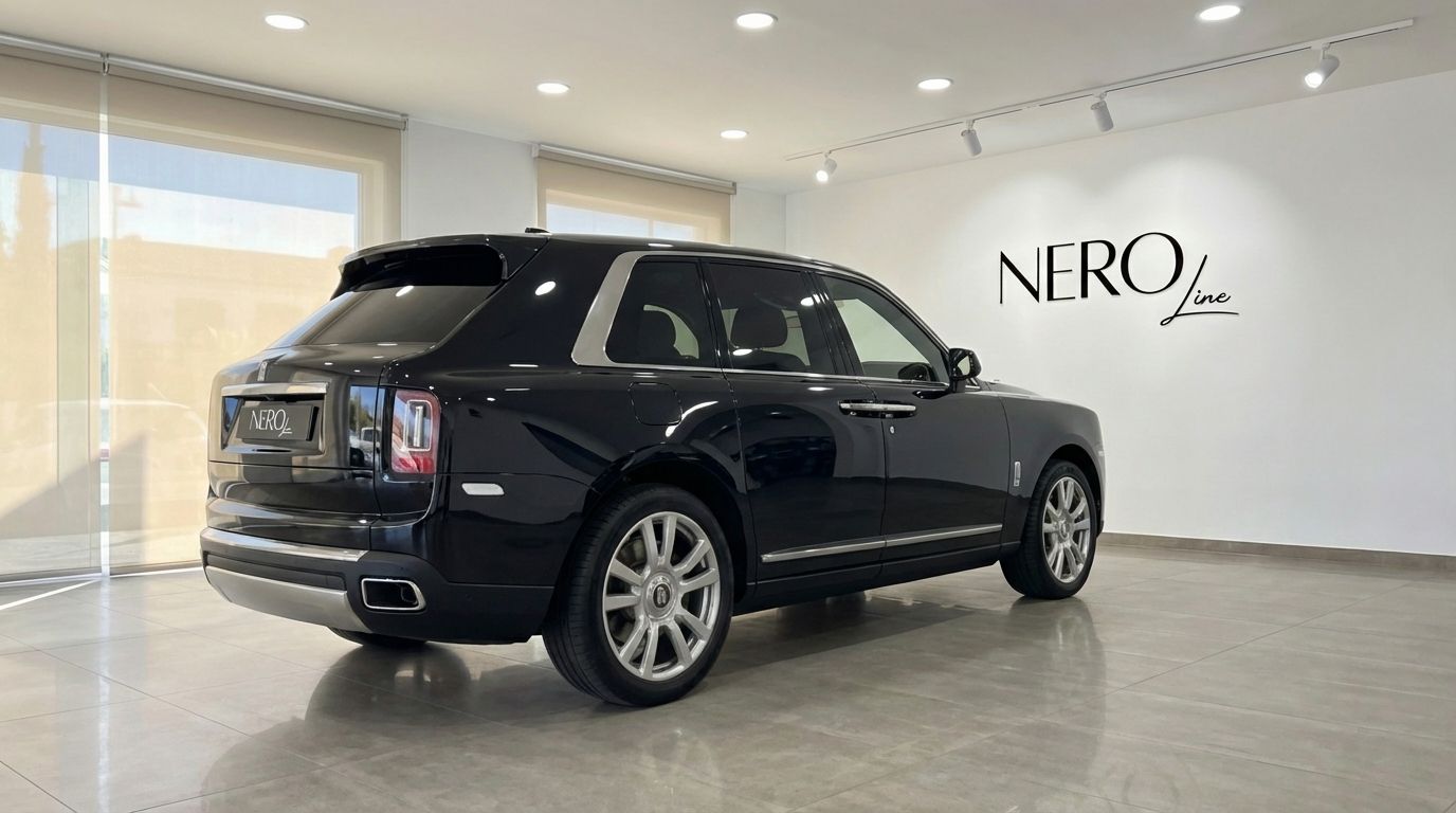 The jet black Rolls-Royce Cullinan, a luxury performance SUV, is showcased from a rear three-quarter angle in a showroom in Ibiza.