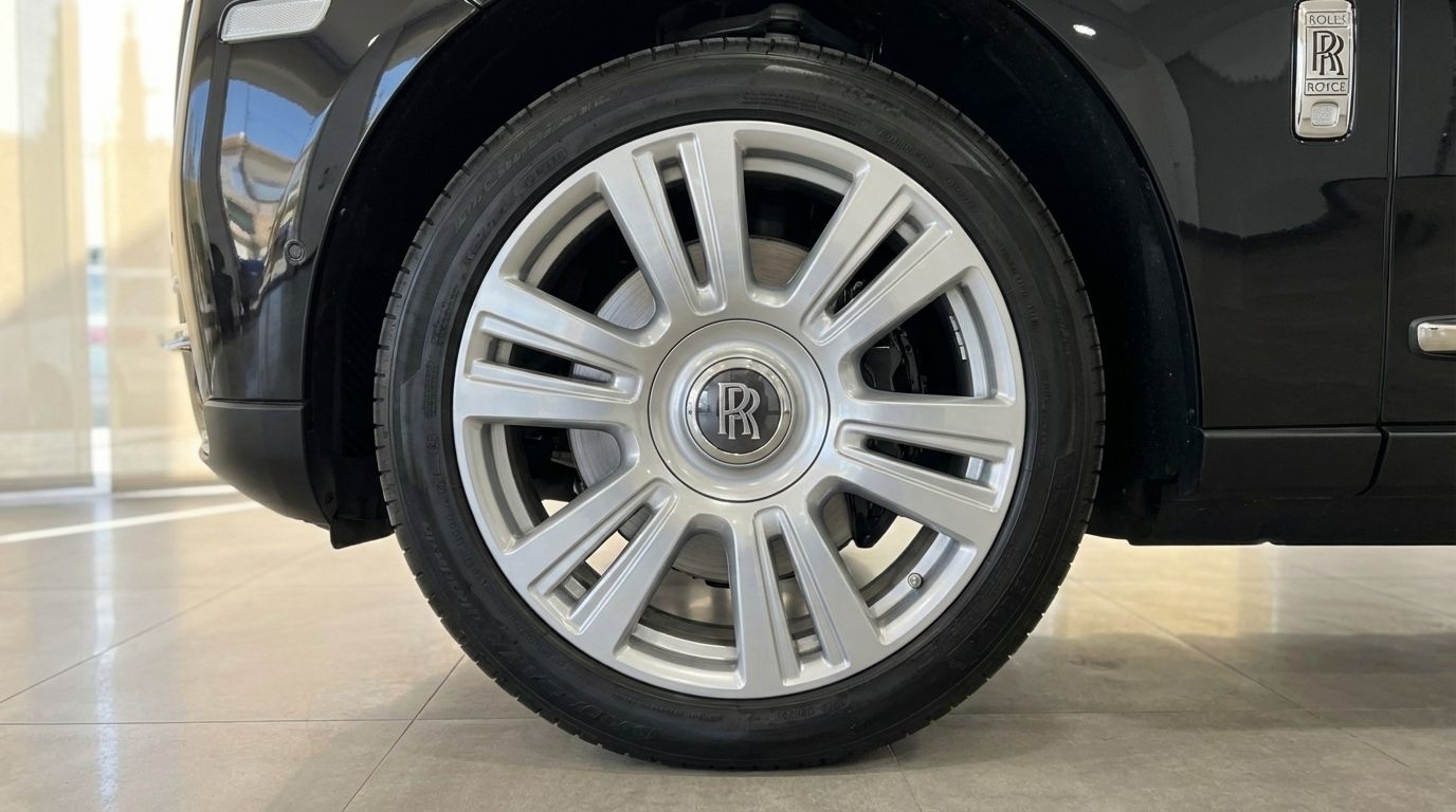 A close-up view of the Rolls-Royce Cullinan's luxurious silver multi-spoke wheel and tire in Ibiza.