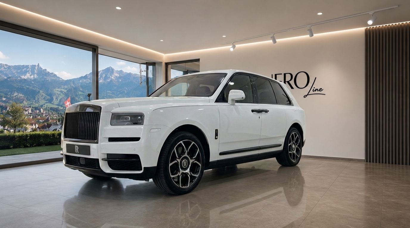 The white Rolls Royce Cullinan luxury SUV is displayed in a showroom with a panoramic view of the Swiss Alps near Zurich.