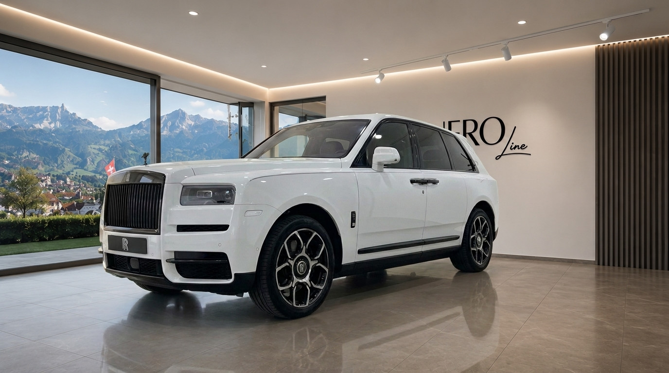 Rolls Royce Cullinan — Showroom in Zurich The white Rolls Royce Cullinan luxury SUV is displayed in a showroom with a panoramic view of the Swiss Alps near Zurich.