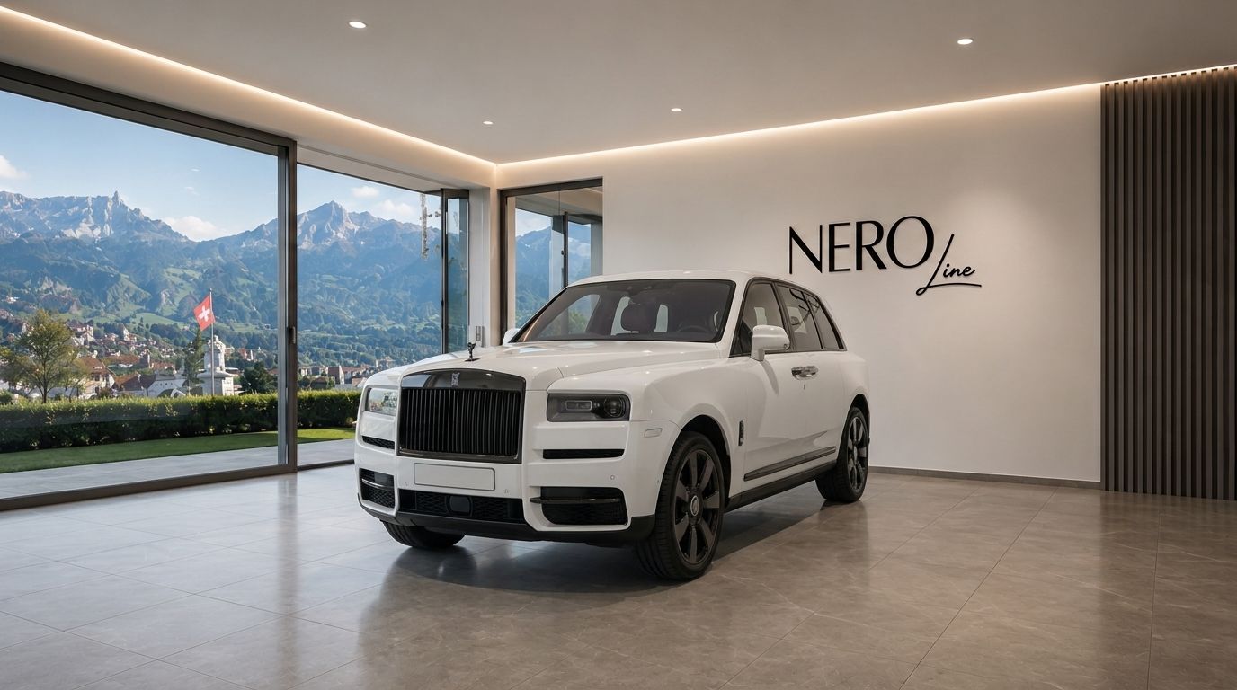 A white Rolls Royce Cullinan is prominently displayed in a modern showroom, offering a panoramic view of the mountains and a Swiss town.