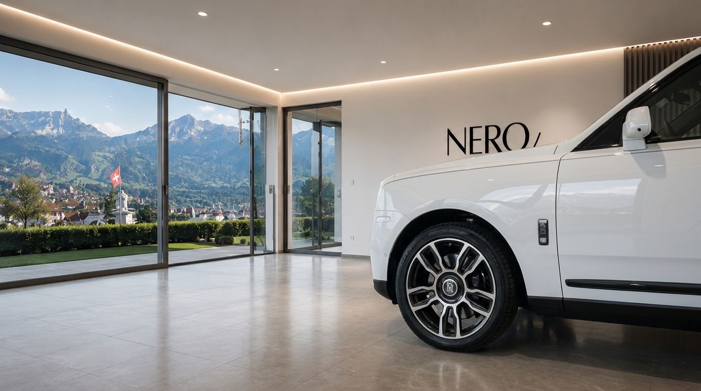 Rolls Royce Cullinan's white exterior and wheel, parked indoors with a panoramic view of Swiss mountains in Zurich.