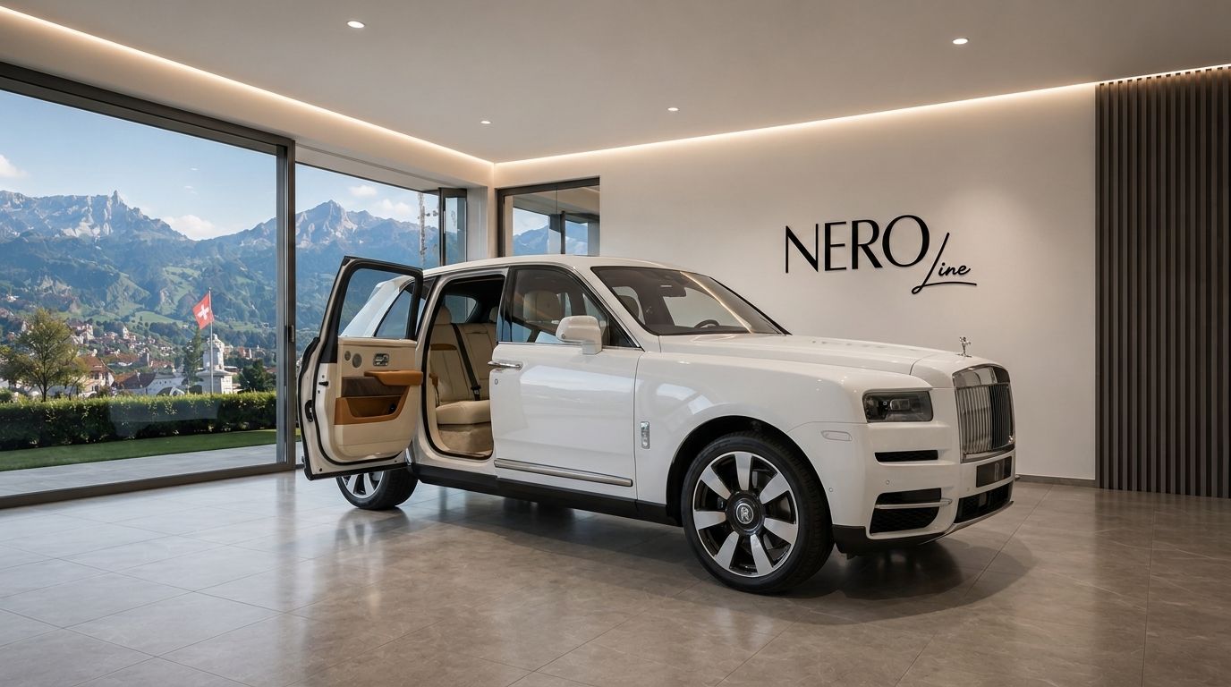 White Rolls Royce Cullinan with open rear doors revealing its luxurious tan interior, set in a Zurich showroom with a stunning Swiss mountain view.