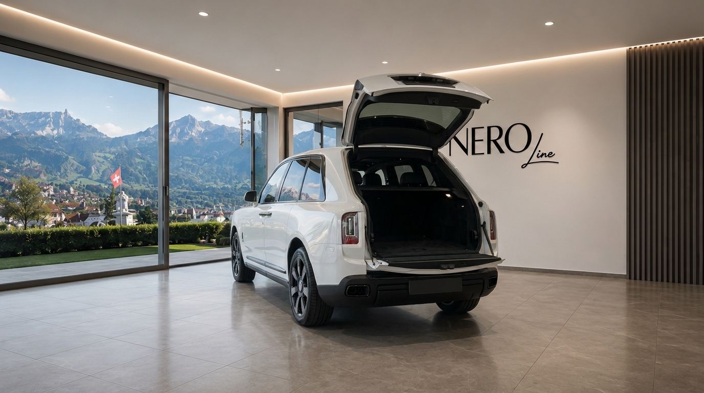 A gloss Arctic White Rolls Royce Cullinan with its trunk open, parked indoors with a panoramic view of Swiss mountains and a town in Zurich.