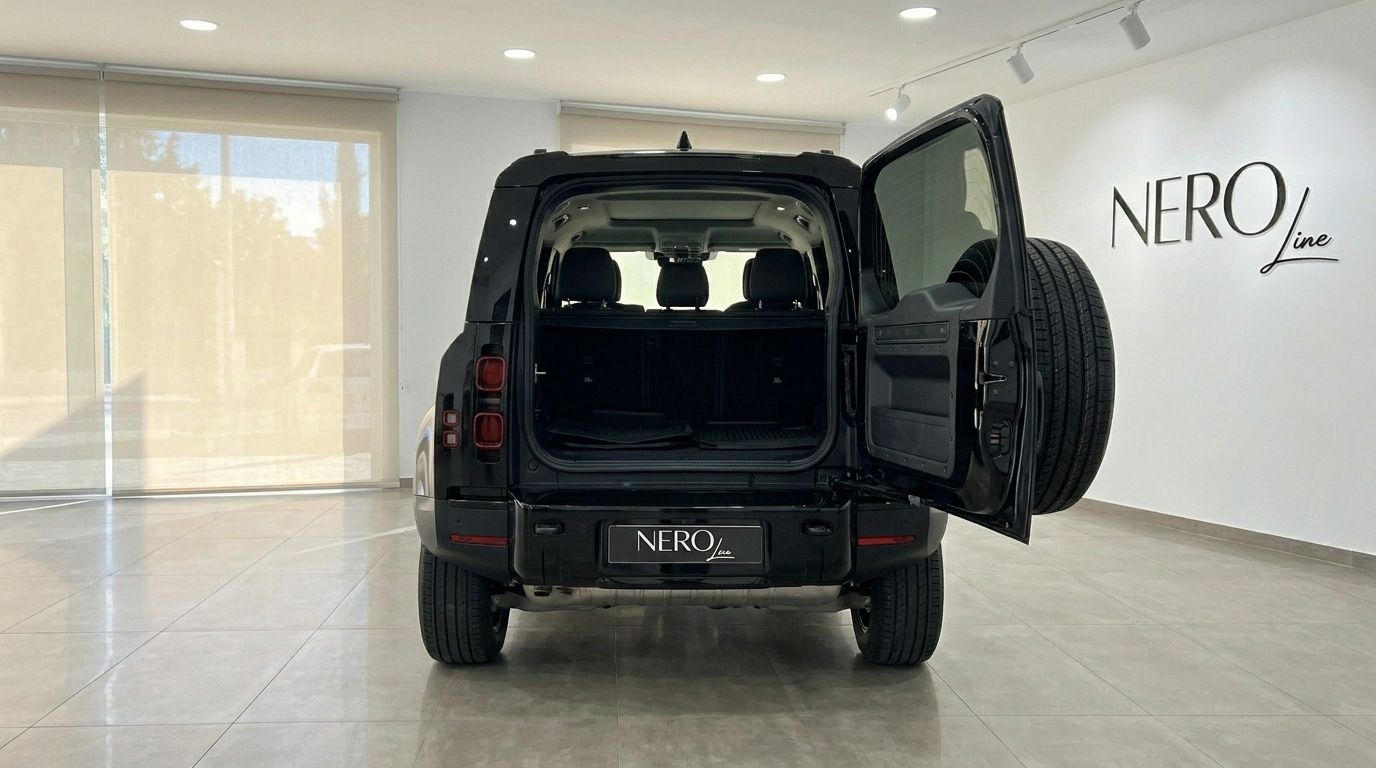 The black Land Rover Defender P400e is shown from the rear with its boot open, revealing the spacious interior in Ibiza.