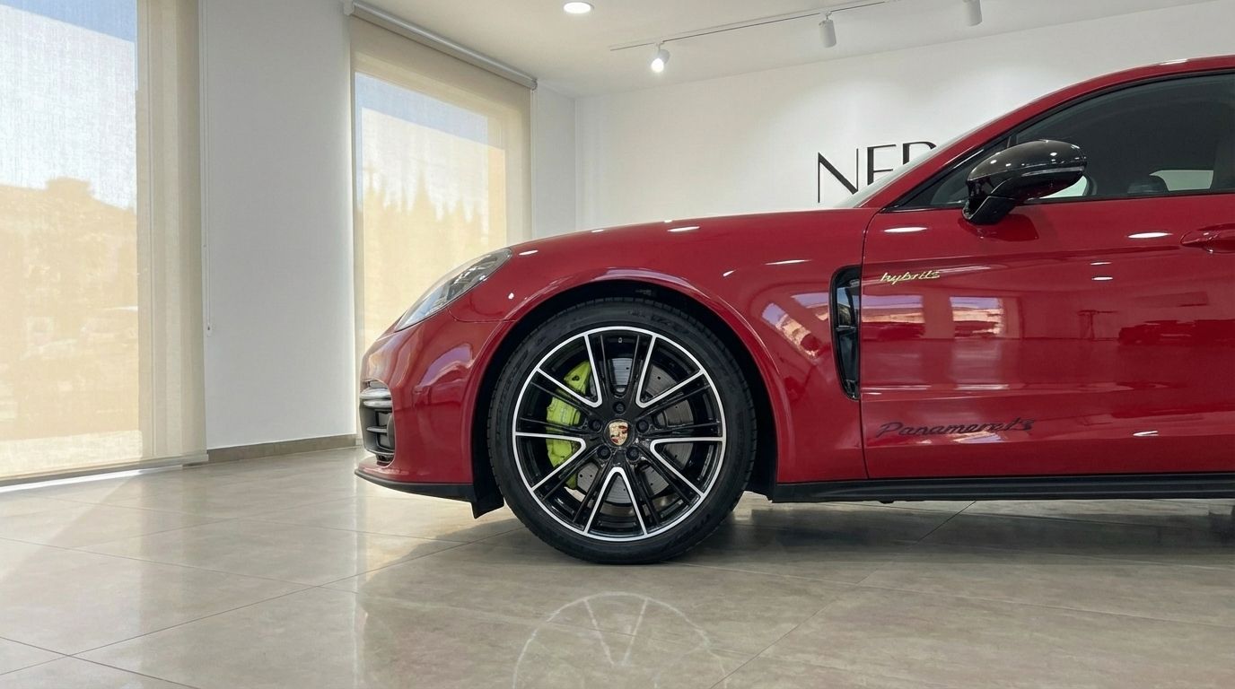 The racing red Porsche Panamera 4S Hybrid's front-side view highlights its wheel with bright green brake calipers in Alicante.