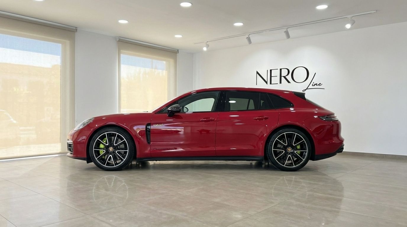 A racing red Porsche Panamera 4S Hybrid is shown in a side profile view inside a bright showroom in Alicante.