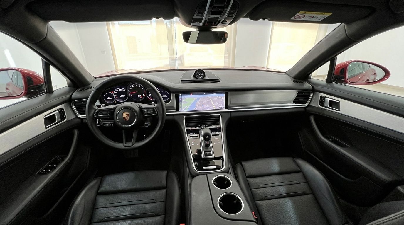 The luxurious interior of the Porsche Panamera 4S Hybrid in Alicante, featuring its advanced dashboard, steering wheel, and black leather seats.