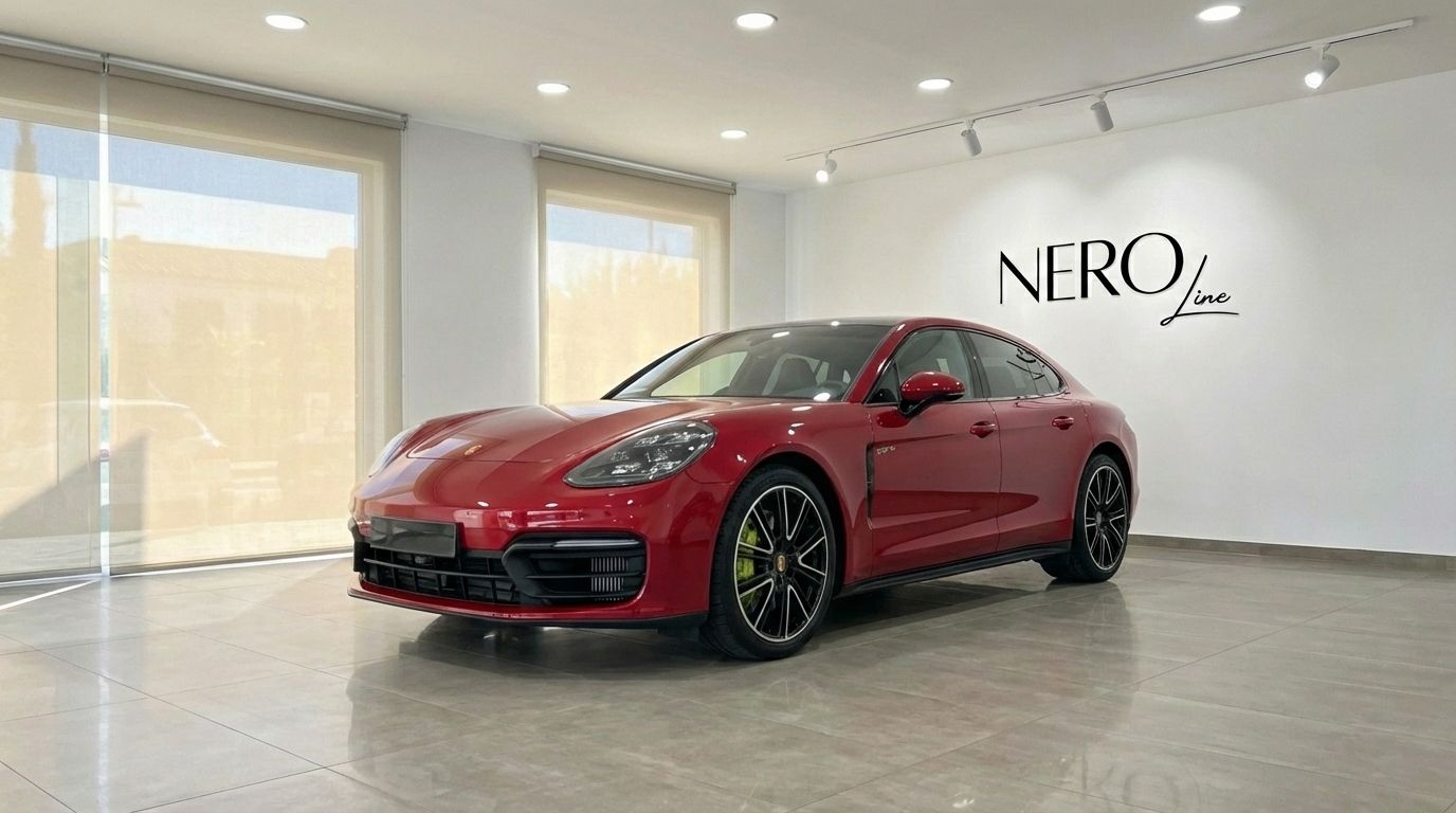 A racing red 2024 Porsche Panamera 4S Hybrid is parked in a showroom, viewed from the front three-quarter angle in Alicante.