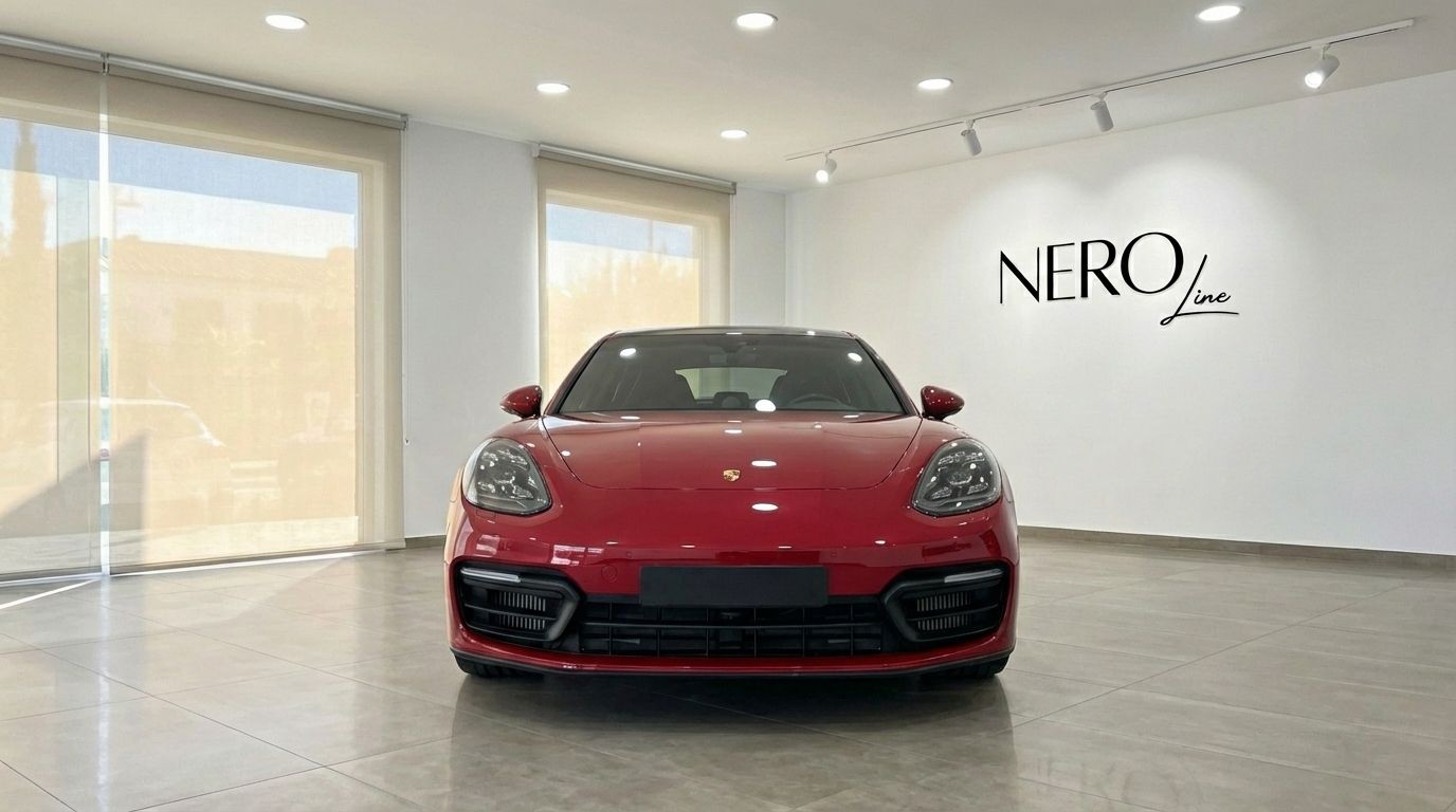 Front view of a racing red Porsche Panamera 4S Hybrid in a bright showroom with the Nero Line logo in Alicante.