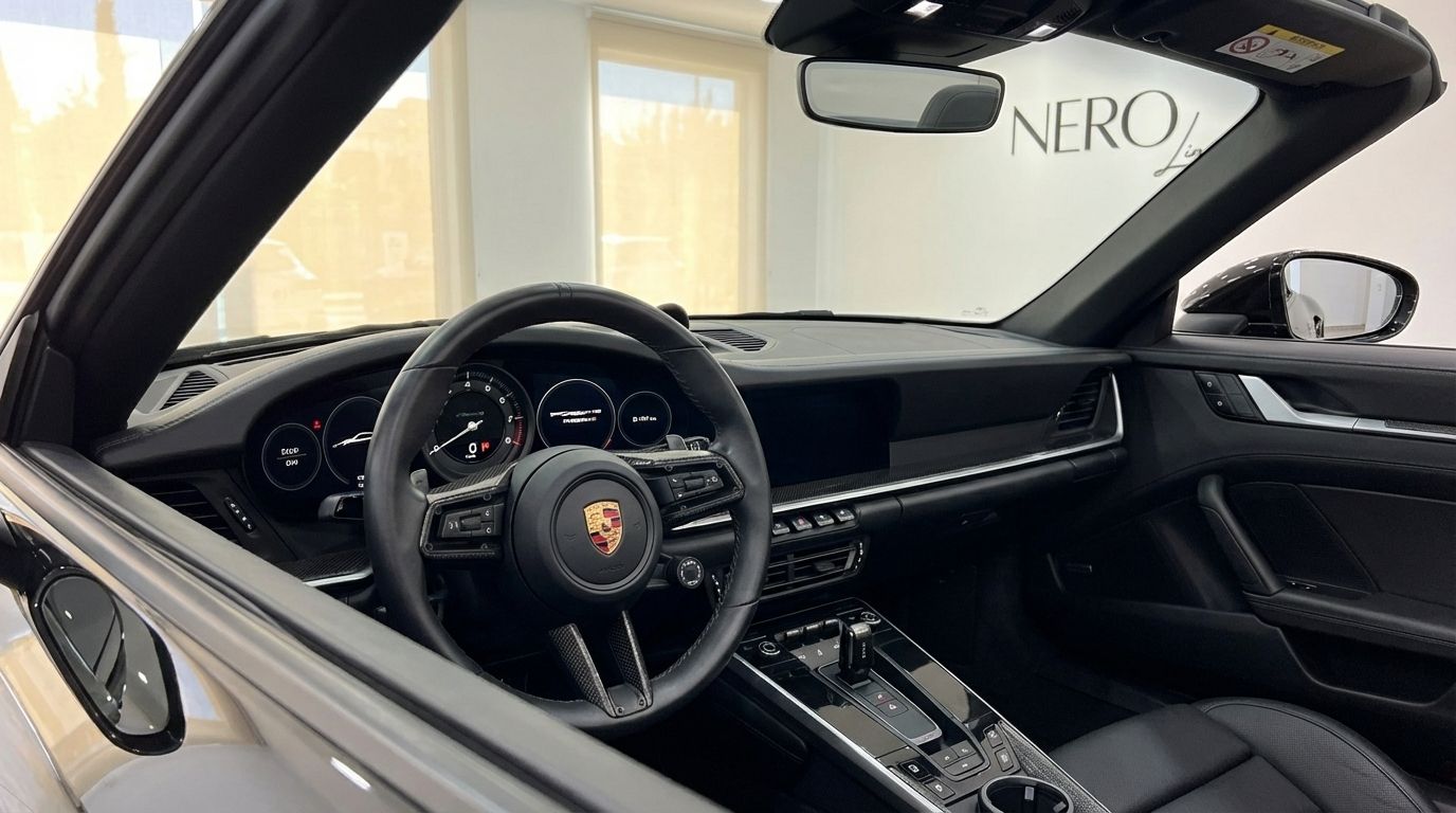 El lujoso interior negro del Porsche 911 Carrera S Cabrio en Madrid, mostrando el volante, el salpicadero y la consola central.