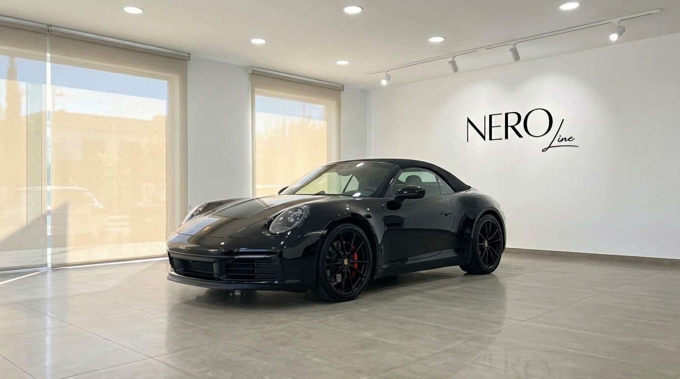 Un Porsche 911 Carrera S Cabrio negro de 2023, visto desde un ángulo frontal tres cuartos, estacionado en un moderno showroom en Madrid.