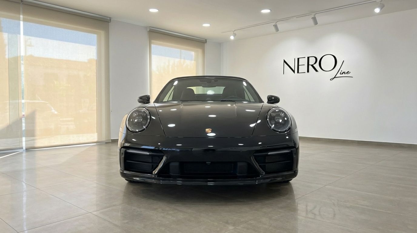 Un Porsche 911 Carrera S Cabrio negro se exhibe prominentemente de frente en un luminoso showroom de NEROline en Madrid.
