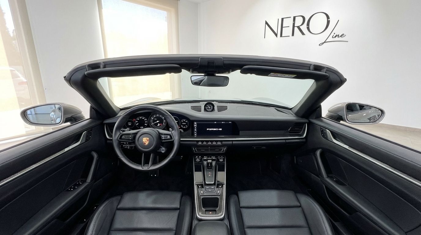 El lujoso interior negro del Porsche 911 Carrera S Cabrio, mostrando el salpicadero, el volante y los asientos delanteros en Madrid.