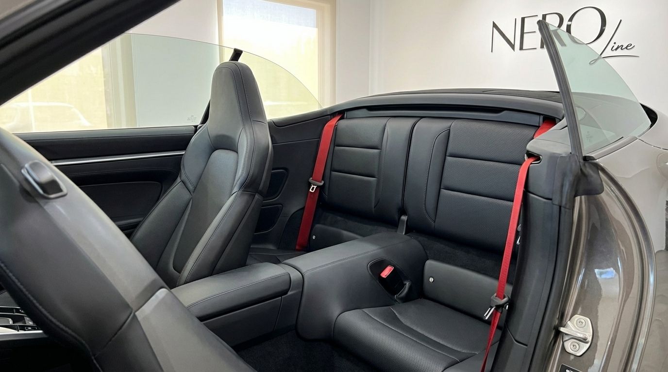 El interior del Porsche 911 Carrera S Cabrio en Madrid presenta asientos de cuero negro y distintivos cinturones rojos traseros.