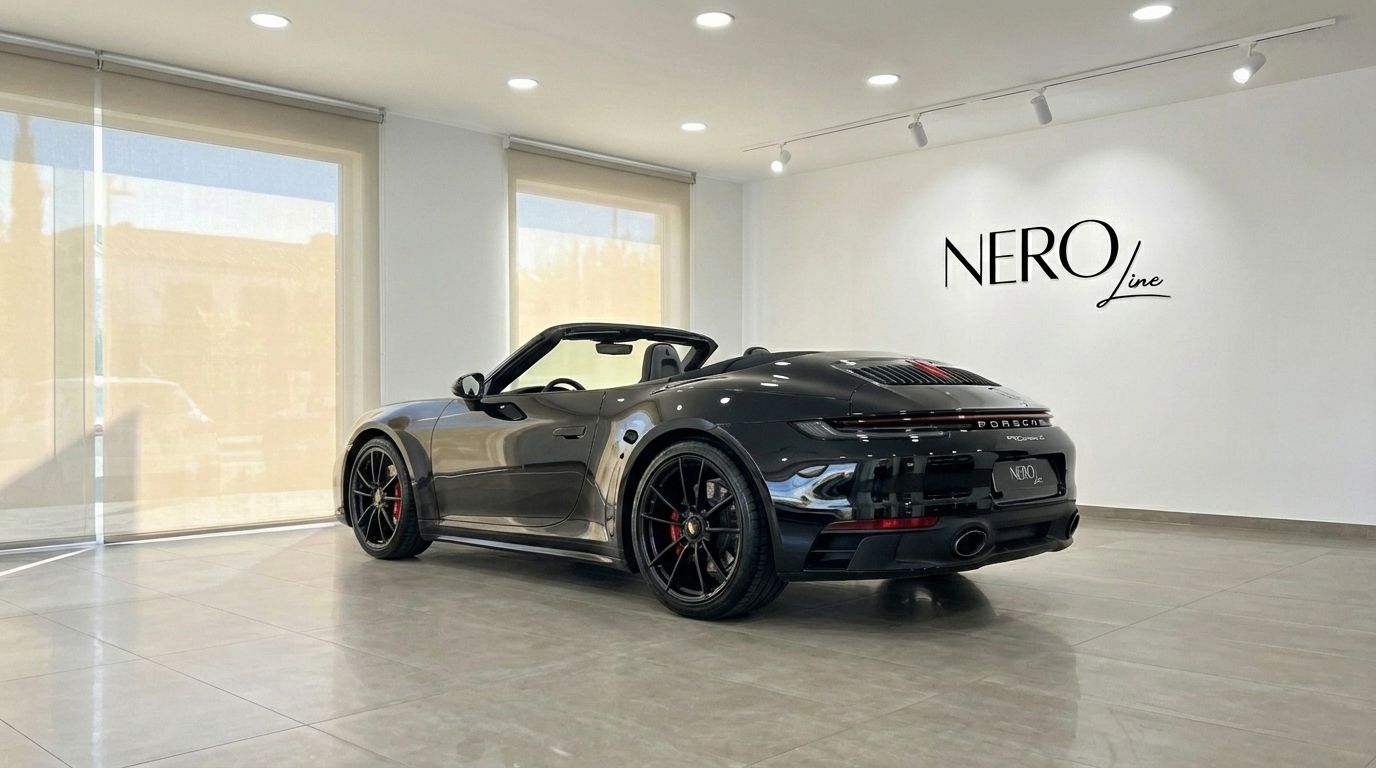 Un Porsche 911 Carrera S Cabrio negro con la capota bajada, aparcado en un luminoso concesionario en Madrid con el logo de Nero Line.