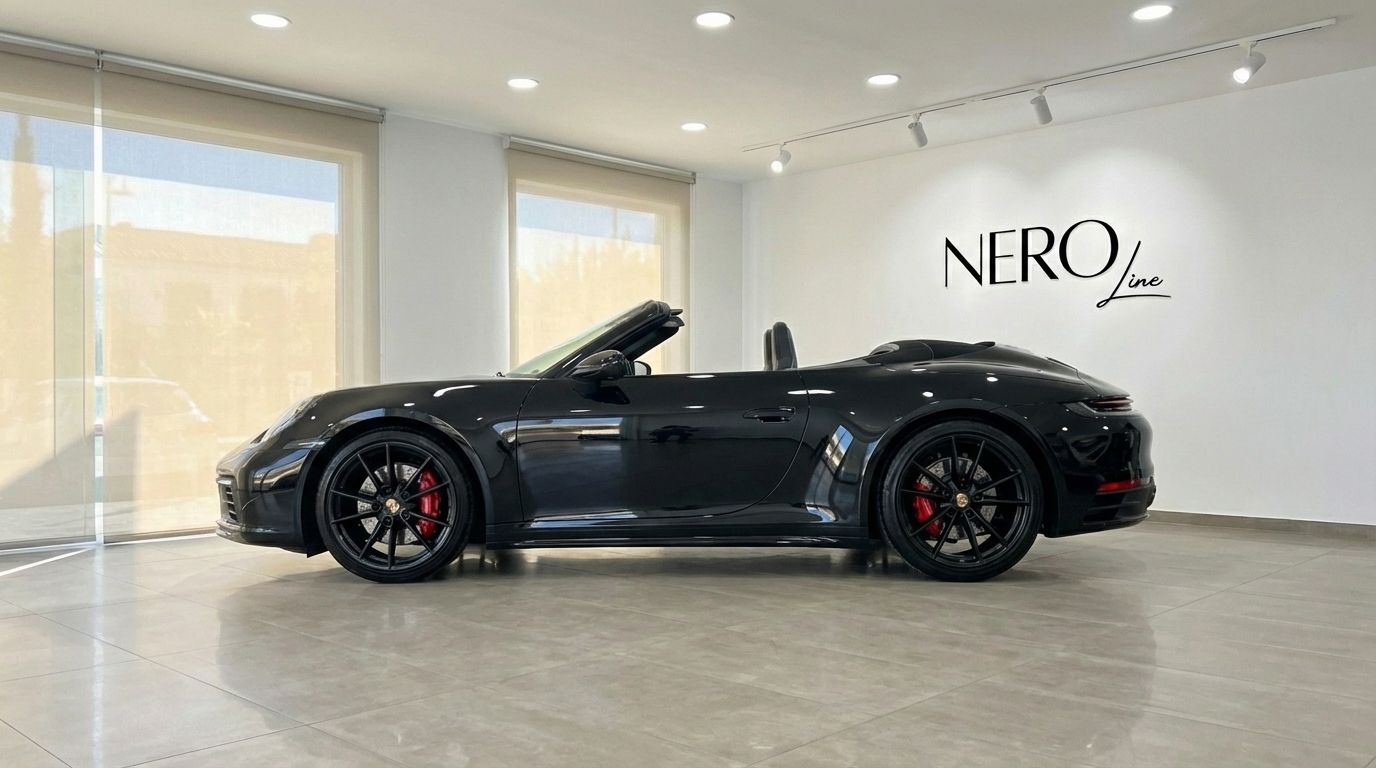 Un Porsche 911 Carrera S Cabrio negro está aparcado en el interior, mostrando su elegante perfil lateral con la capota bajada, cerca del logo de NeroLine en Madrid.