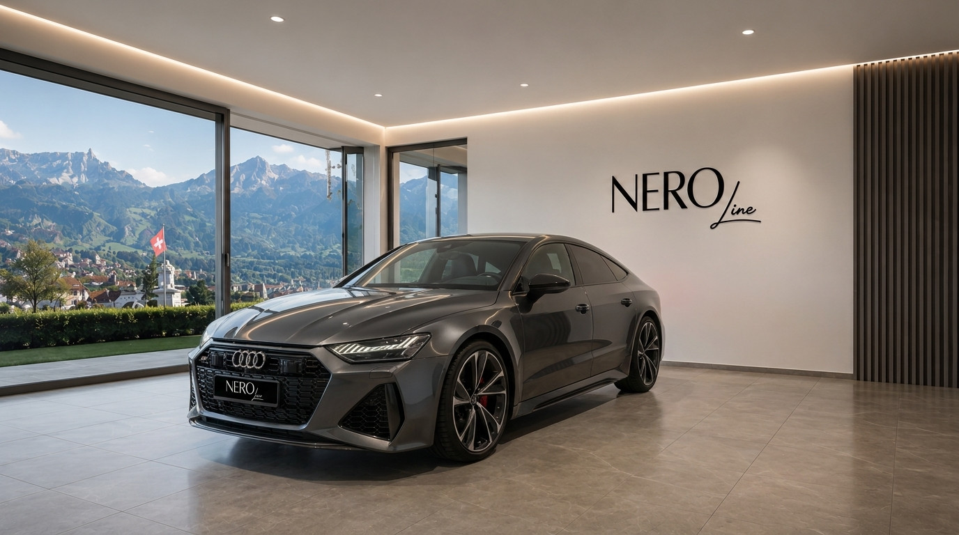Audi RS7 — Luxury sedan in Zurich showroom The Audi RS7 is showcased in a modern showroom, offering a front three-quarter view with a stunning panoramic mountain backdrop of Zurich.