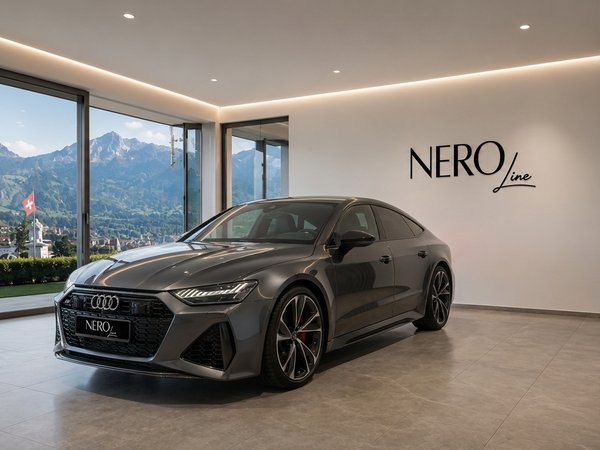 Audi RS7 — Luxury sedan in Zurich showroom The Audi RS7 is showcased in a modern showroom, offering a front three-quarter view with a stunning panoramic mountain backdrop of Zurich.