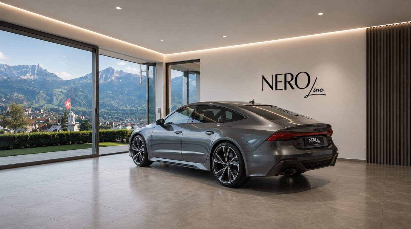 The grey Audi RS7 is parked in a modern showroom, with a panoramic view of the mountains and the city of Zurich in the background.