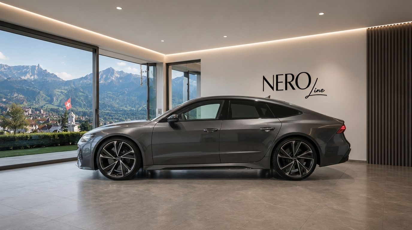 A grey Audi RS7 luxury sedan is parked in a modern showroom with large windows overlooking the scenic mountains of Zurich, featuring the Nero Line logo.