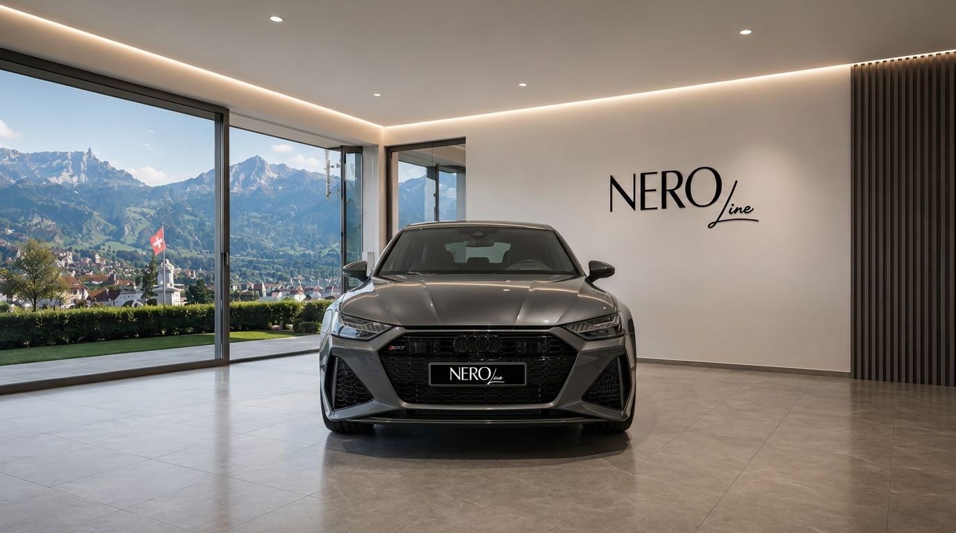 The grey Audi RS7 is showcased in a luxury showroom with panoramic views of the mountains and city in Zurich.