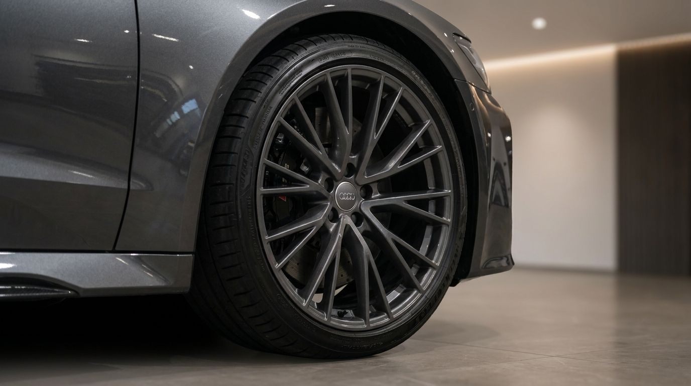 The grey Audi RS7 luxury sedan's front wheel and side profile are visible in a showroom in Zurich.