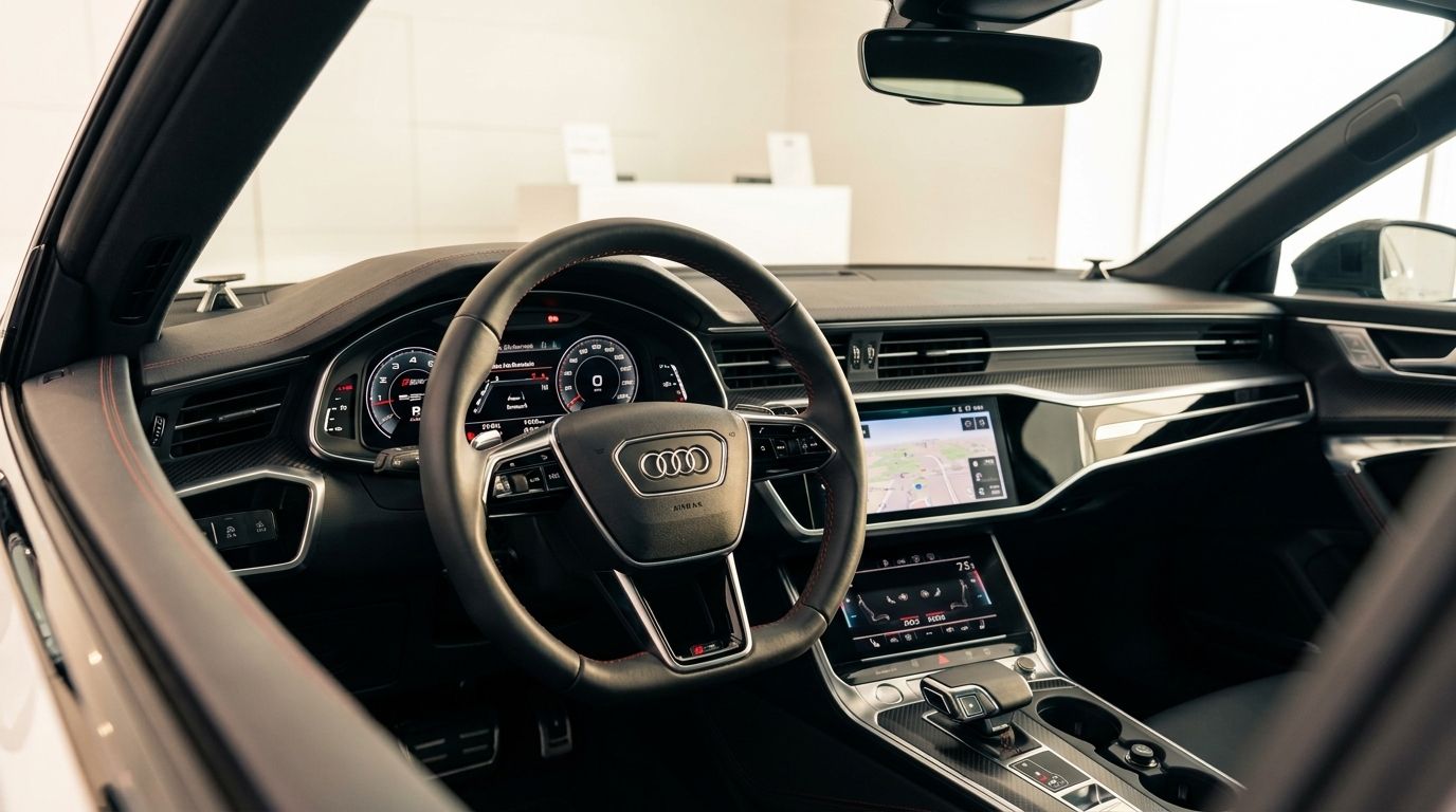 The luxurious cockpit and dashboard of the Audi RS7, featuring its digital displays and steering wheel, available for rent in Zurich.