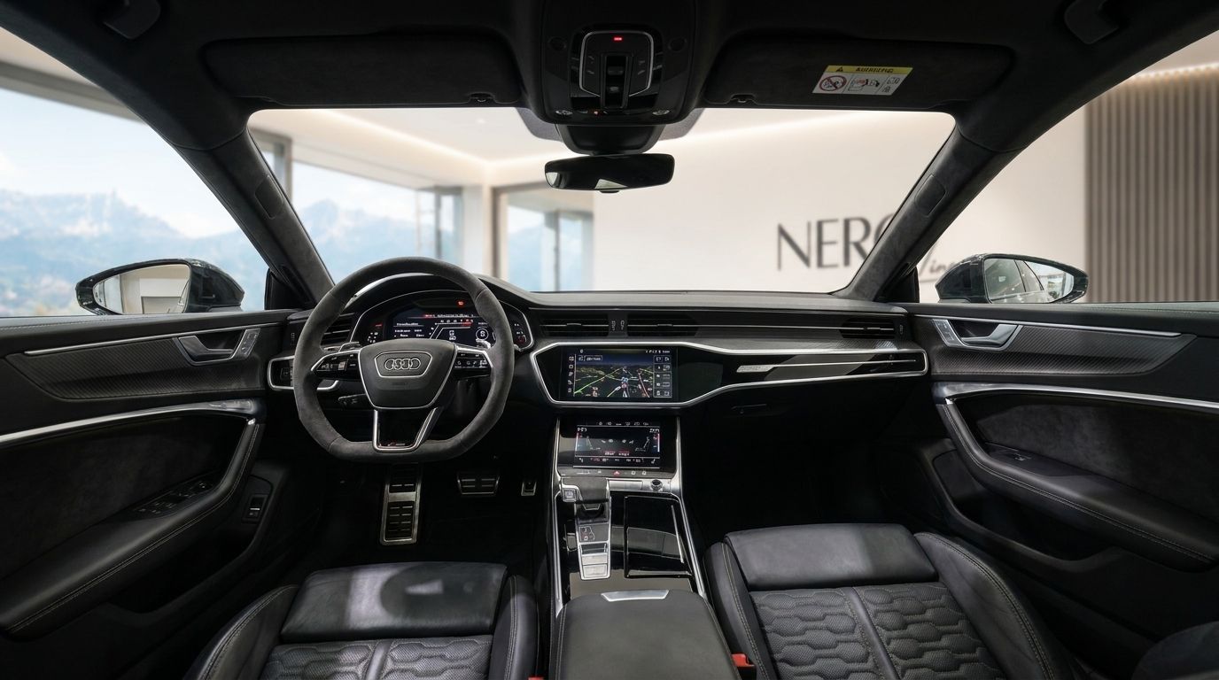The luxurious interior of the Audi RS7 in Zurich, featuring its advanced digital cockpit, sporty steering wheel, and comfortable front seats.
