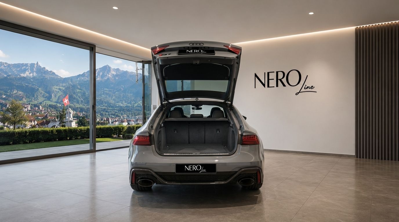The grey Audi RS7 is shown from the rear with its trunk open, parked inside a showroom with a mountain view in Zurich.