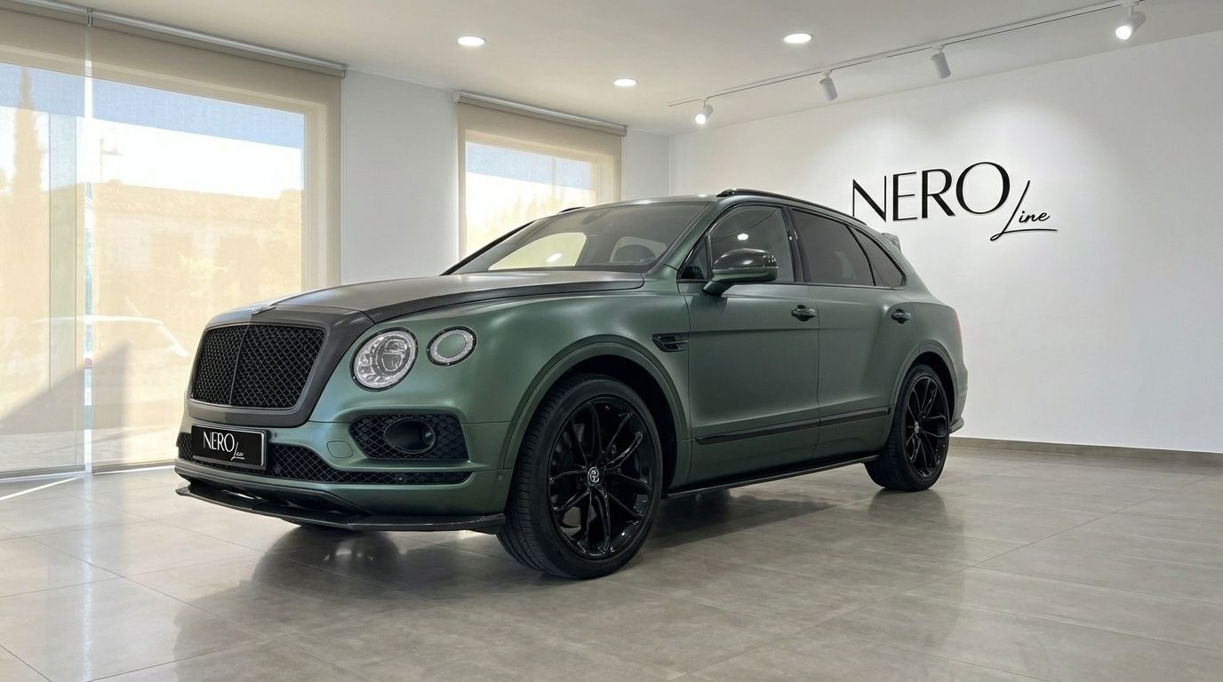 The 2019 Bentley Bentayga in Satin British Racing Green, showcasing its elegant front three-quarter view in Valencia.