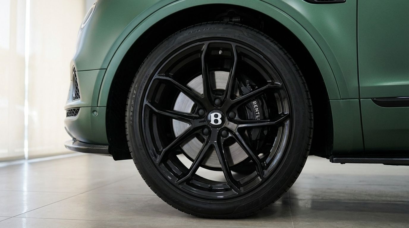 A close-up of the Bentley Bentayga's front wheel, showcasing the black multi-spoke rim, tire, and brake caliper in Valencia.