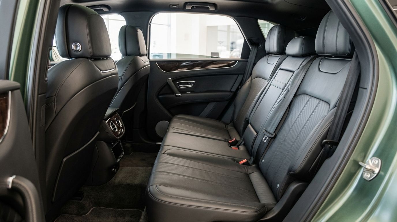 The luxurious black leather rear seats and interior details of the Bentley Bentayga in Valencia are showcased.