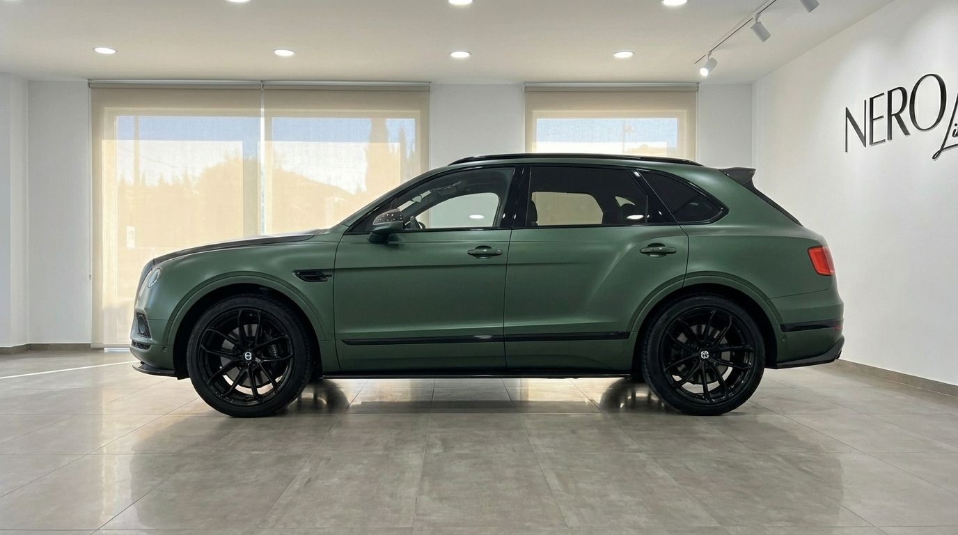 The Bentley Bentayga in Satin British Racing Green is showcased in a side profile view within a showroom in Valencia.