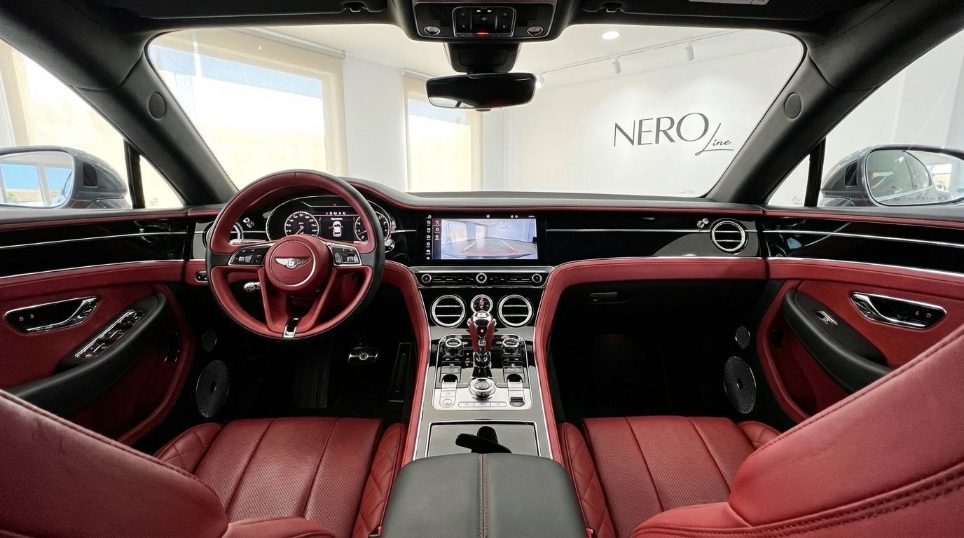 The luxurious red leather interior and cockpit of the Bentley Continental GT Speed V12 in Alicante, featuring the dashboard and central console.
