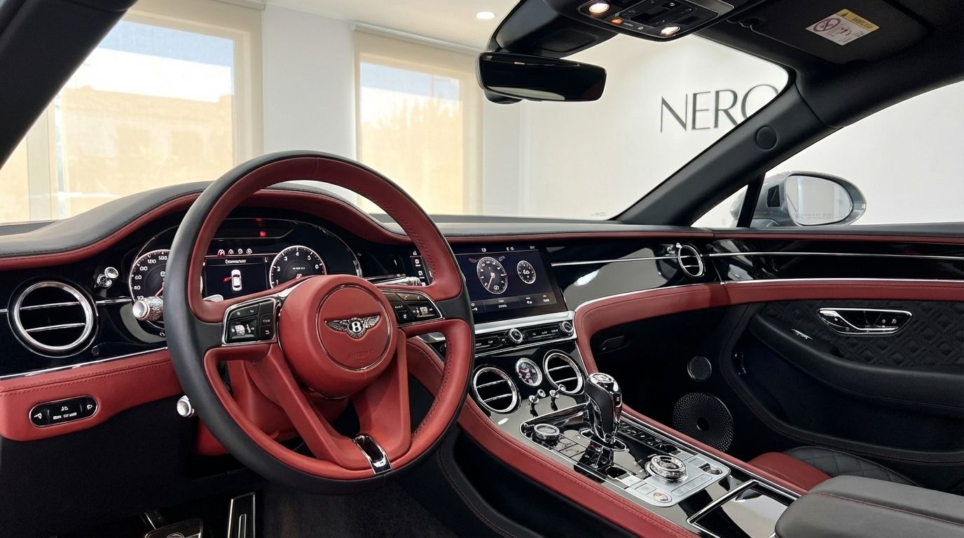 The luxurious red and black interior of the Bentley Continental GT Speed V12, showcasing the steering wheel and dashboard in Alicante.