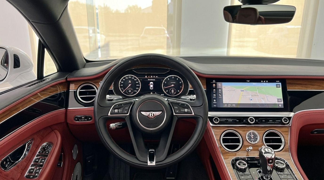 The luxurious interior of the Bentley Continental GTC in Barcelona, featuring its elegant dashboard, steering wheel, and rich red leather trim.