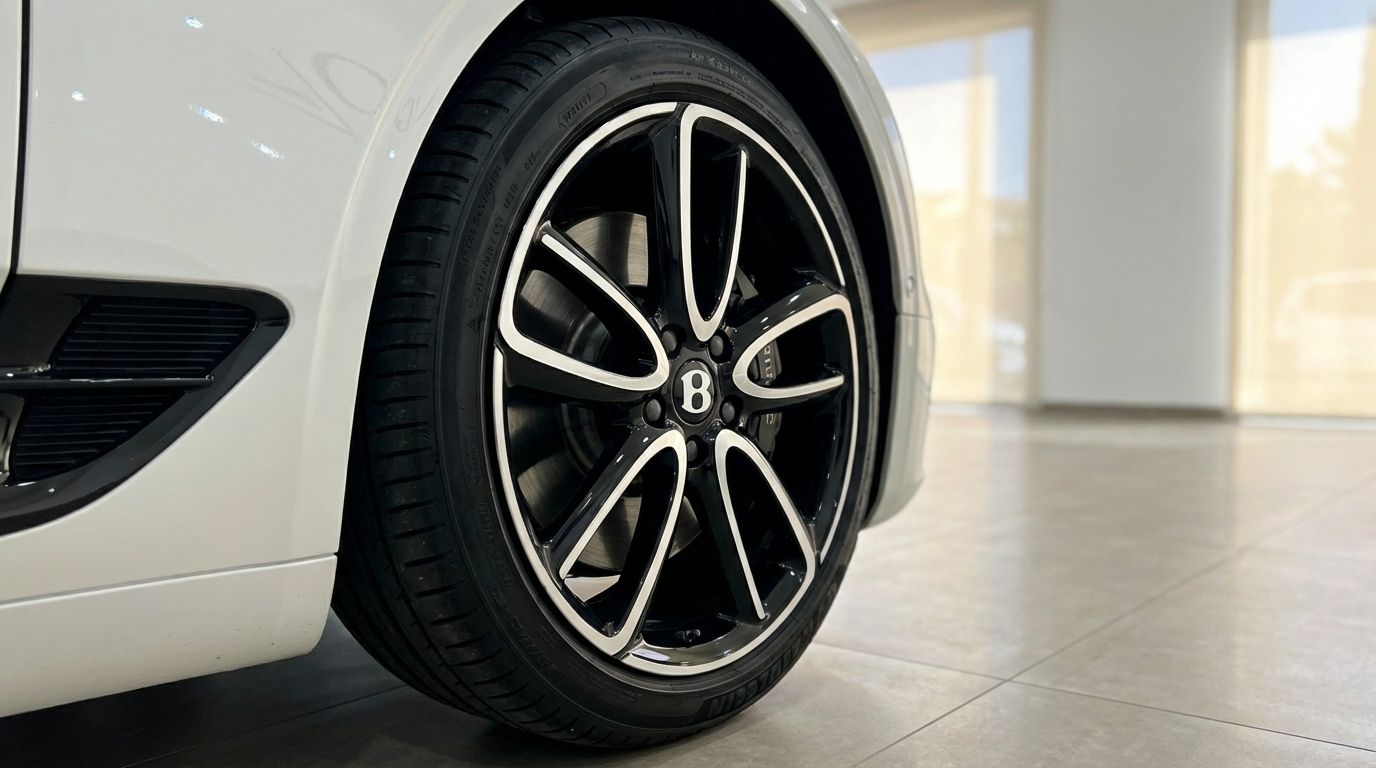 Close-up of the Bentley Continental GTC's pearl white side and black multi-spoke front wheel in Barcelona.