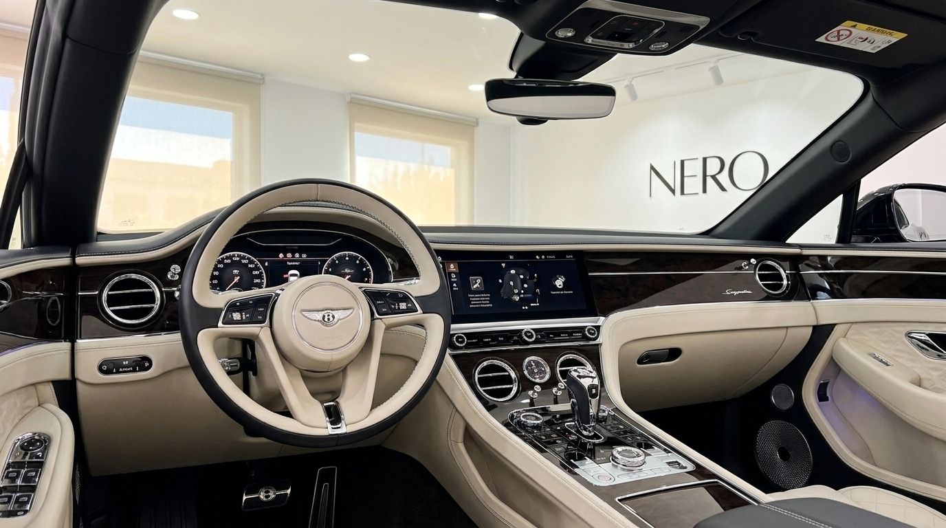 The image shows the luxurious interior cockpit of the Bentley Continental GTC in Barcelona, featuring a cream leather steering wheel and dashboard.