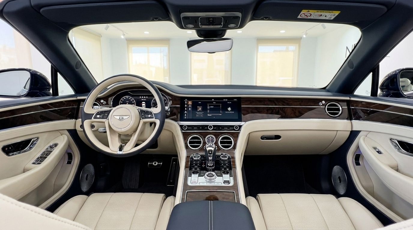 The luxurious interior of the 2025 Bentley Continental GTC in Barcelona, featuring a cream leather dashboard, steering wheel, and dark wood trim.