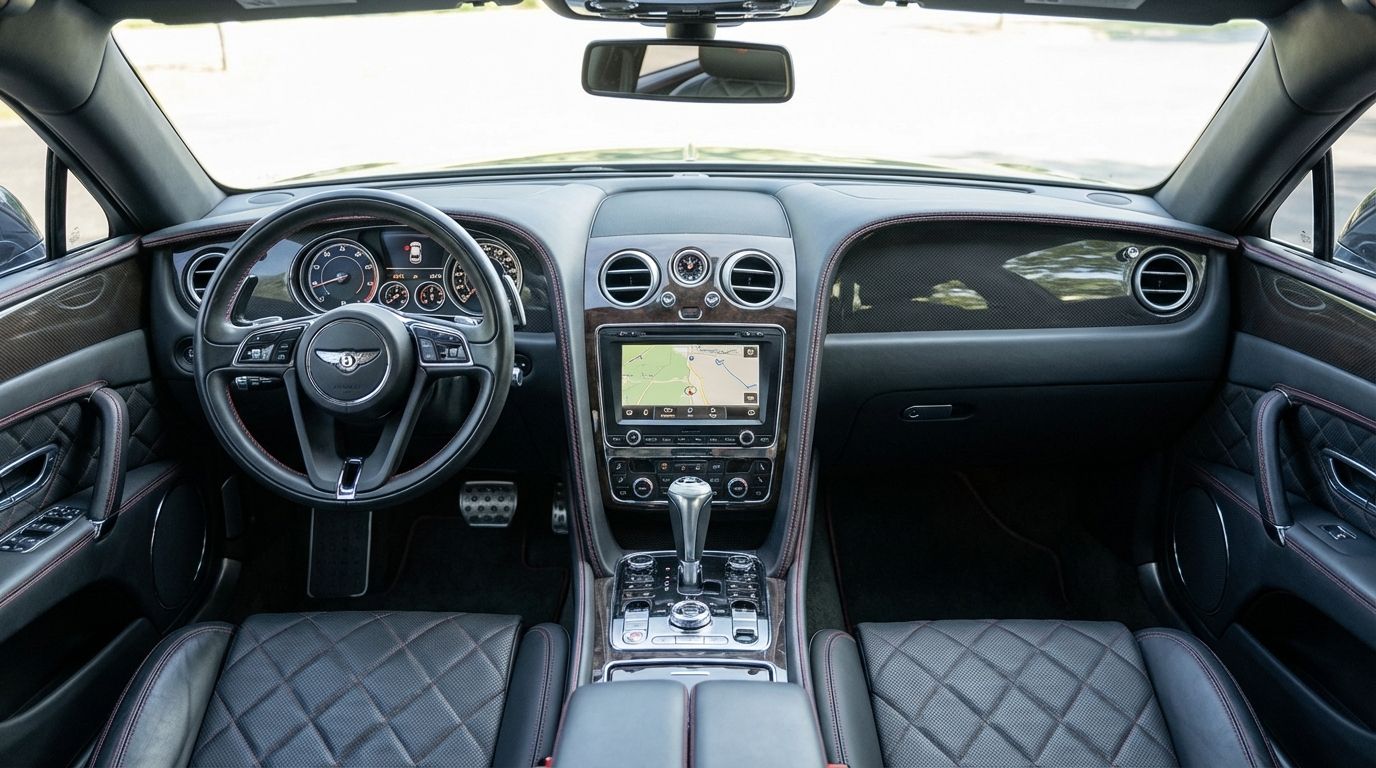 The luxurious interior of the Bentley Flying Spur Special in Marbella, showcasing its elegant dashboard, steering wheel, and quilted leather seats.