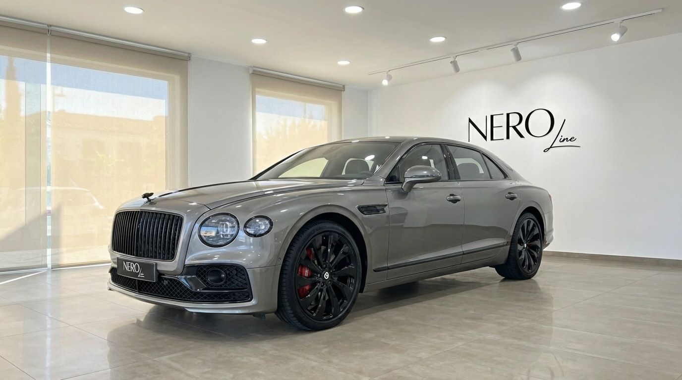 The metallic gray Bentley Flying Spur Special is parked indoors, shown from a front three-quarter angle in Marbella.