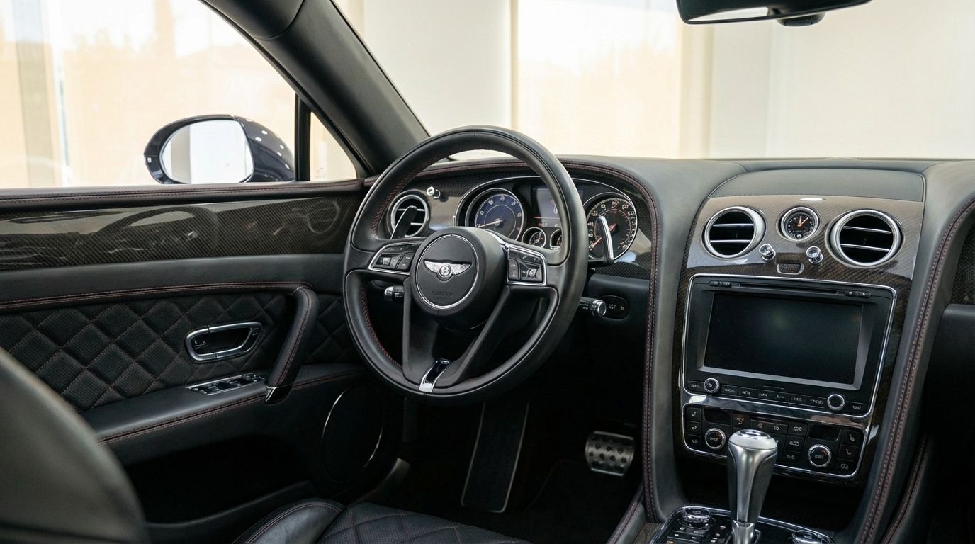 Bentley Flying Spur interior, showing the steering wheel, dashboard, infotainment system, and quilted door panel in Marbella.