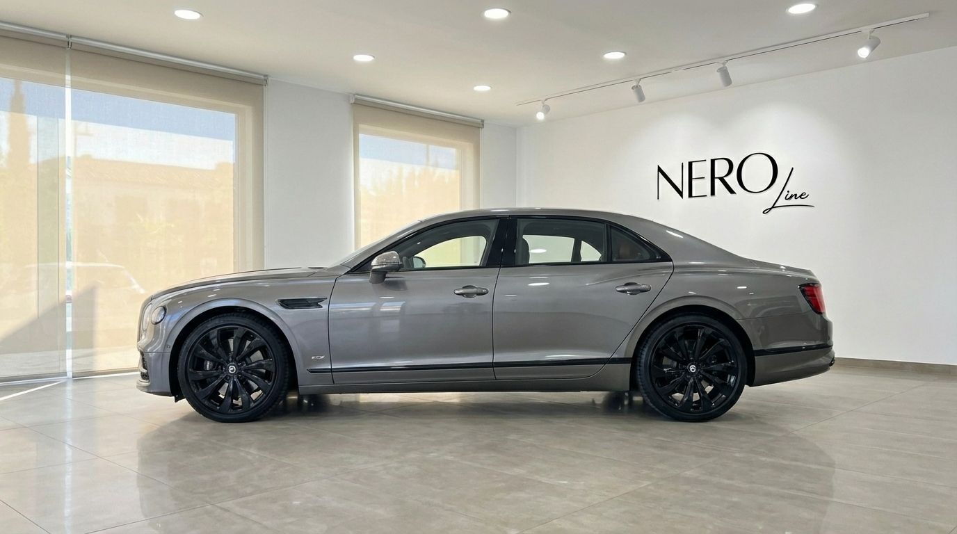 The metallic gray Bentley Flying Spur Special is shown in a side profile view, parked on a tiled floor inside a Marbella showroom.