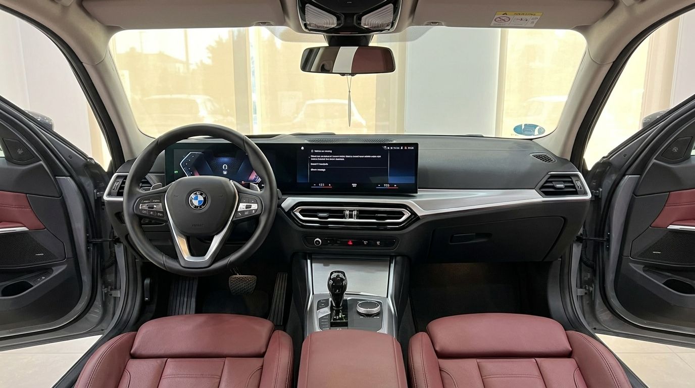 The luxurious interior of the BMW 320d, featuring a modern cockpit with digital displays, a steering wheel, and elegant red leather seats in Alicante.
