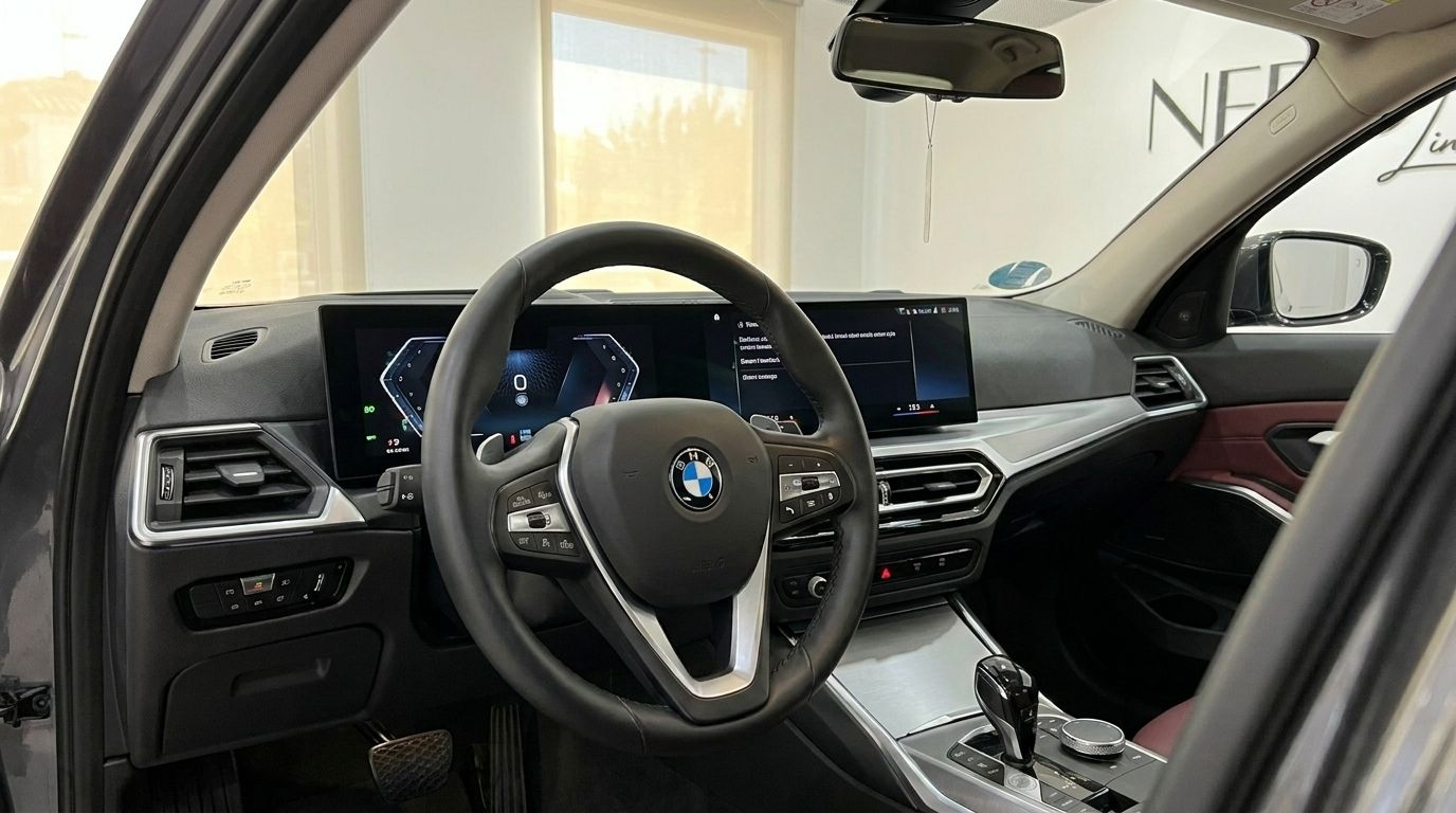 The luxurious interior of the 2024 BMW 320d in Alicante, featuring the steering wheel, digital dashboard, and infotainment screen.